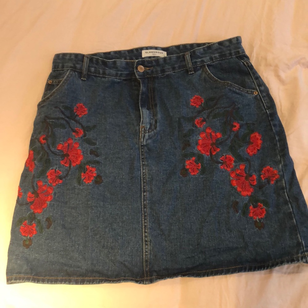 Flower Embroidered Denim Skirt